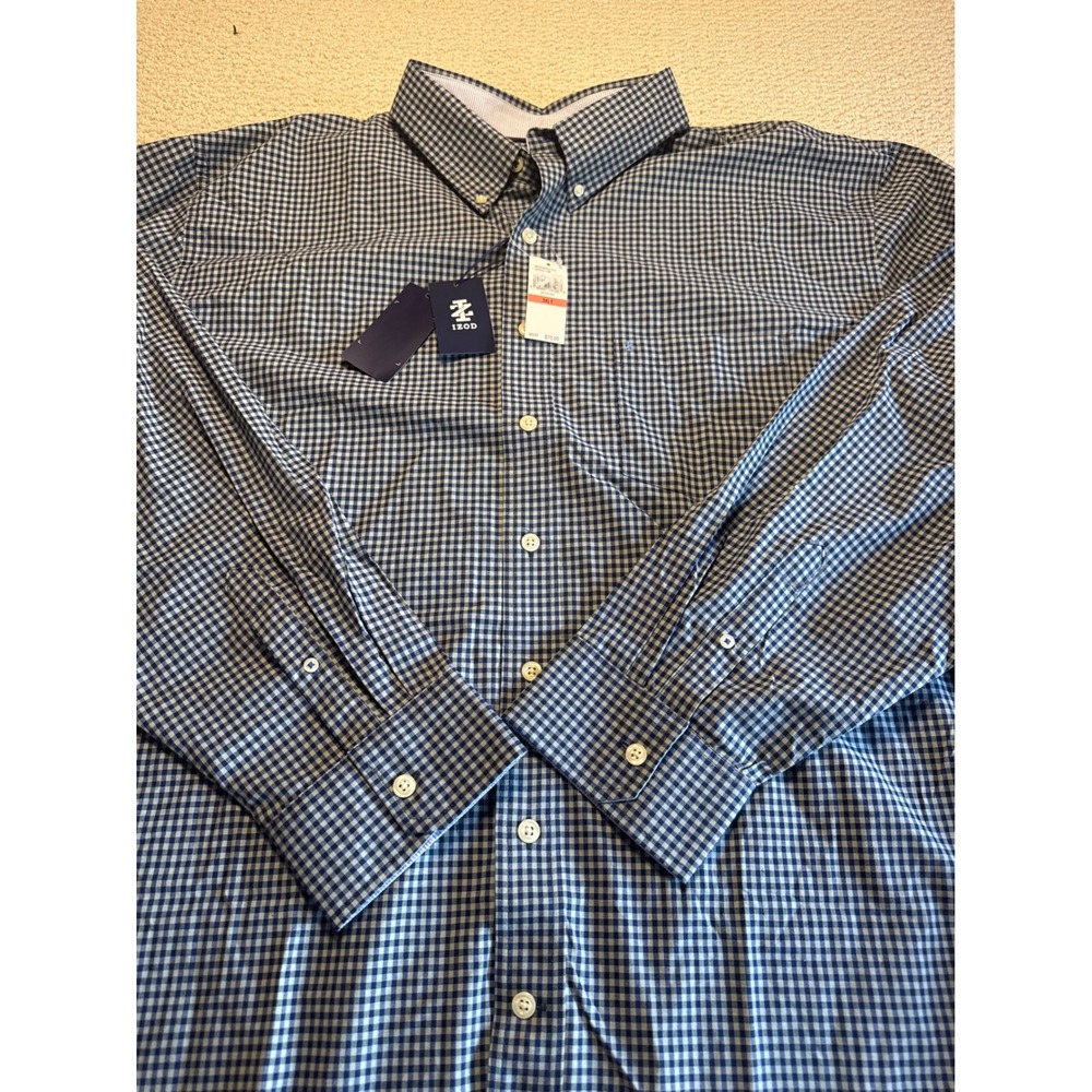 IZOD Men Navy Blue Gingham Check Long Sleeve Button Down Shirt Size 3XLT NWT